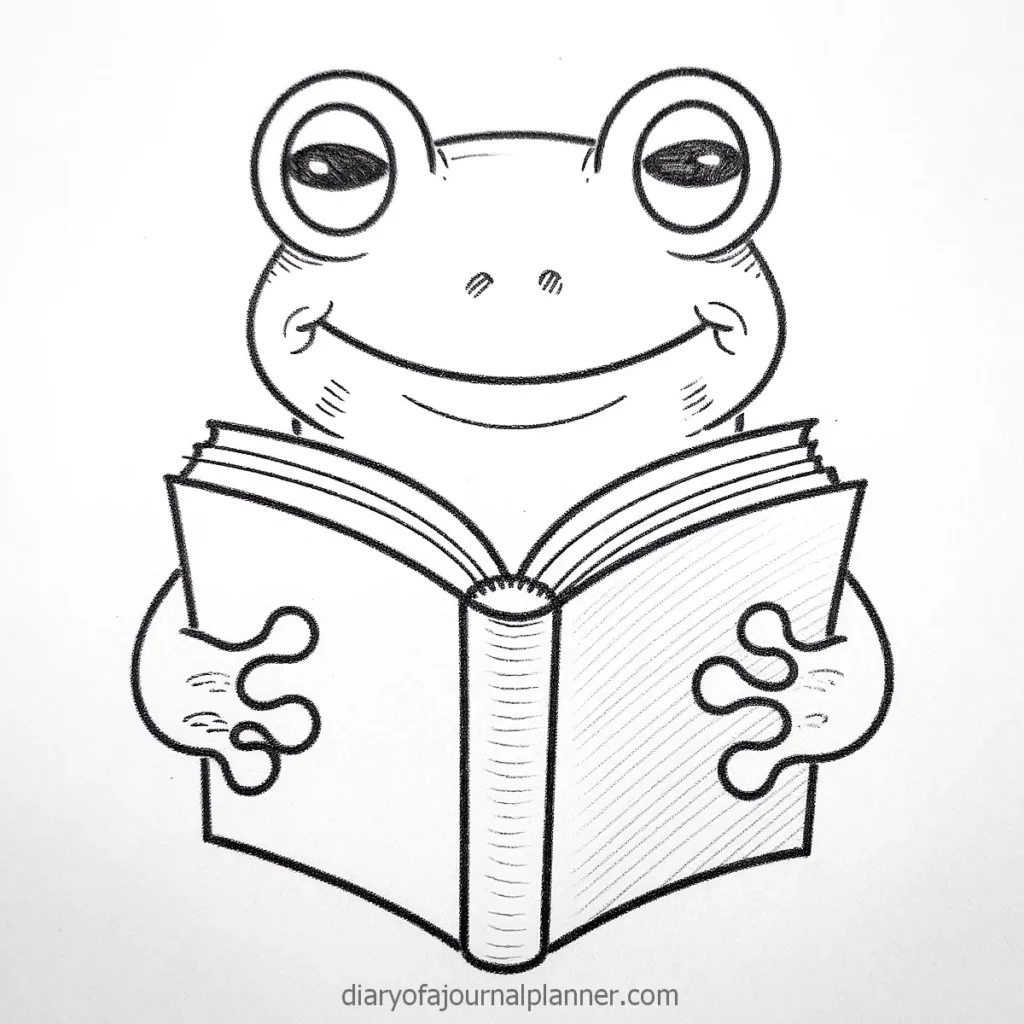 Frog cartoon happily reading an open book, sketch illustration with simple lines.