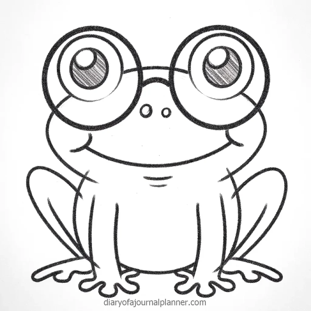 Cute frog sketch with big round glasses, black and white illustration perfect for coloring pages.