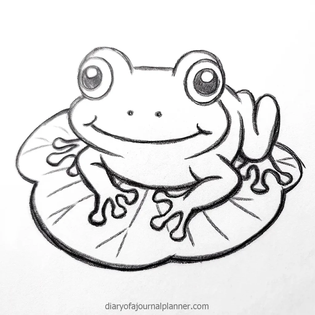 Cartoon frog sketch sitting on a lily pad, smiling with big eyes. Black and white hand-drawn illustration.