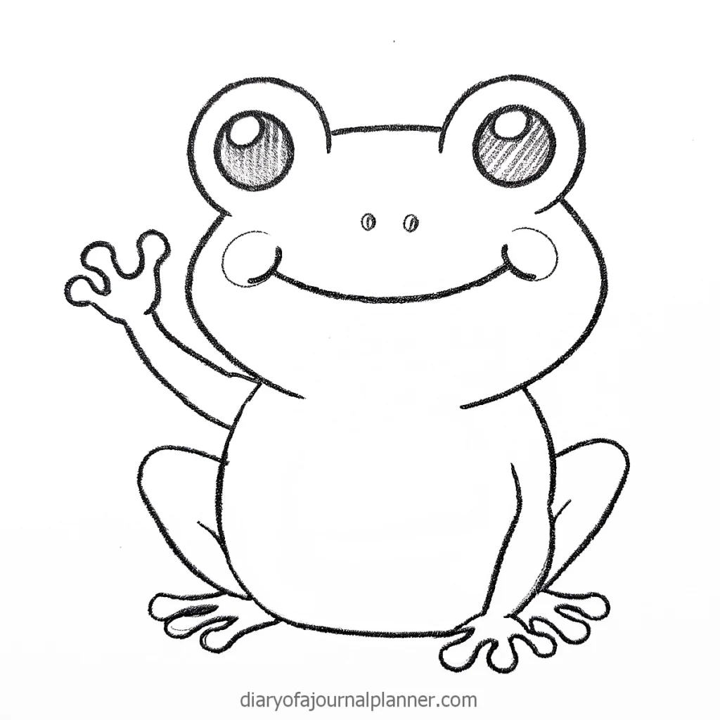 Cute waving frog drawing in black and white, perfect for coloring activities and kids' art projects.