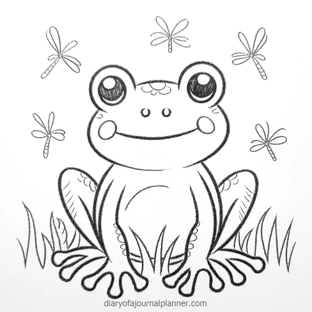 Cute frog doodle with dragonflies and grass, perfect for coloring pages and kids' art.