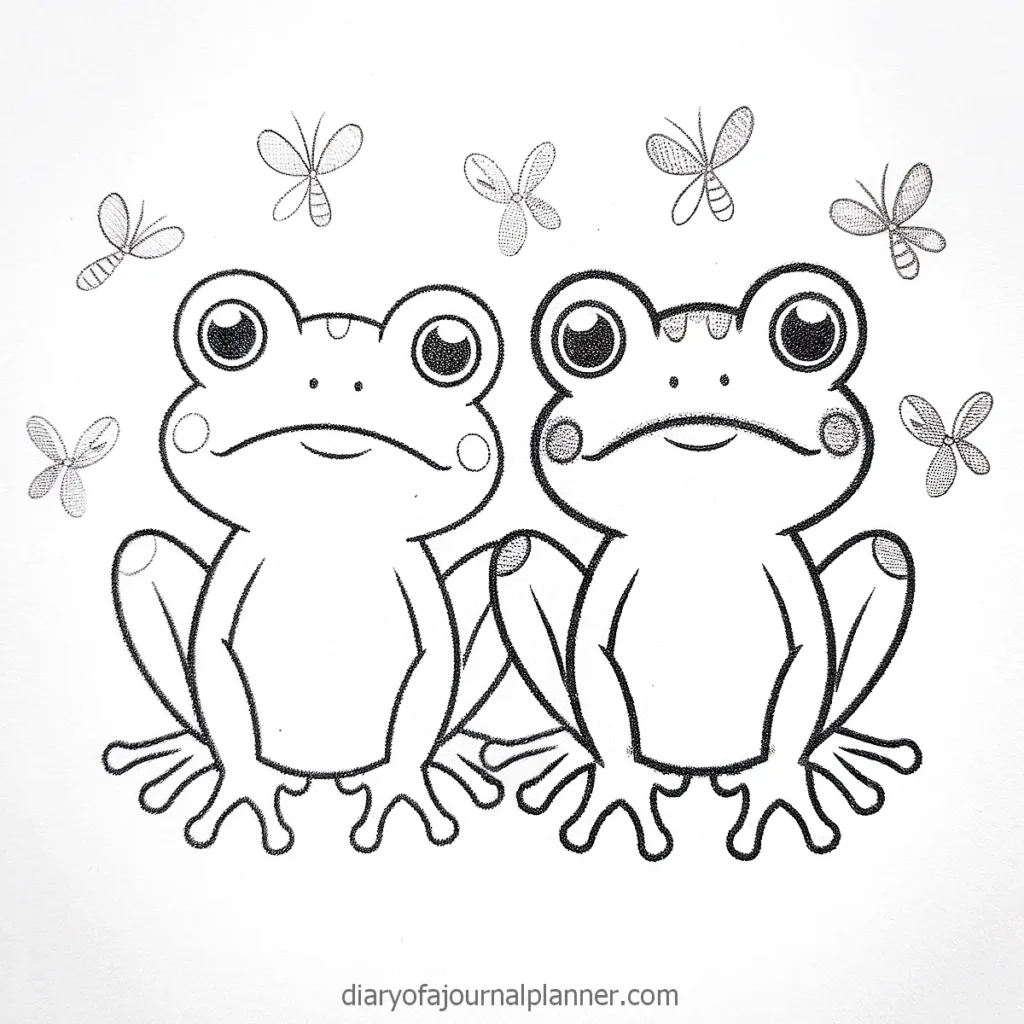 Two cartoon frogs sitting with flying insects around them, black and white illustration.