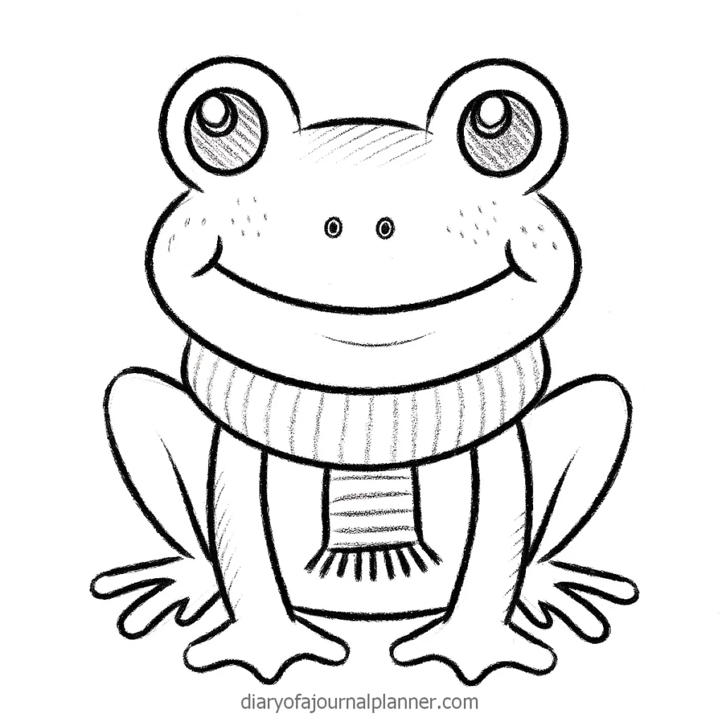 Cute cartoon frog wearing a cozy scarf, smiling and sitting comfortably. Black and white doodle illustration.