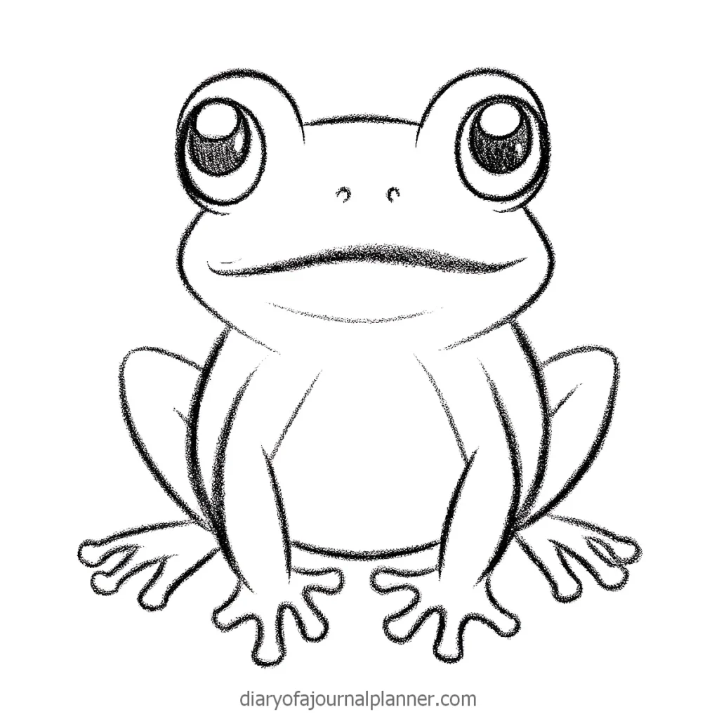 Cute hand-drawn frog sketch with big eyes and a smiling expression. Simple black and white illustration.