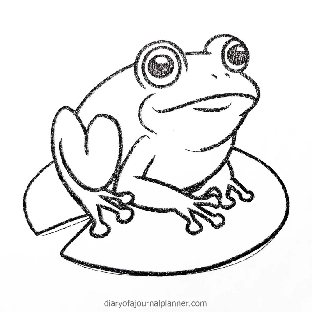 Black and white frog line drawing sitting on lily pad, perfect for coloring or art projects.