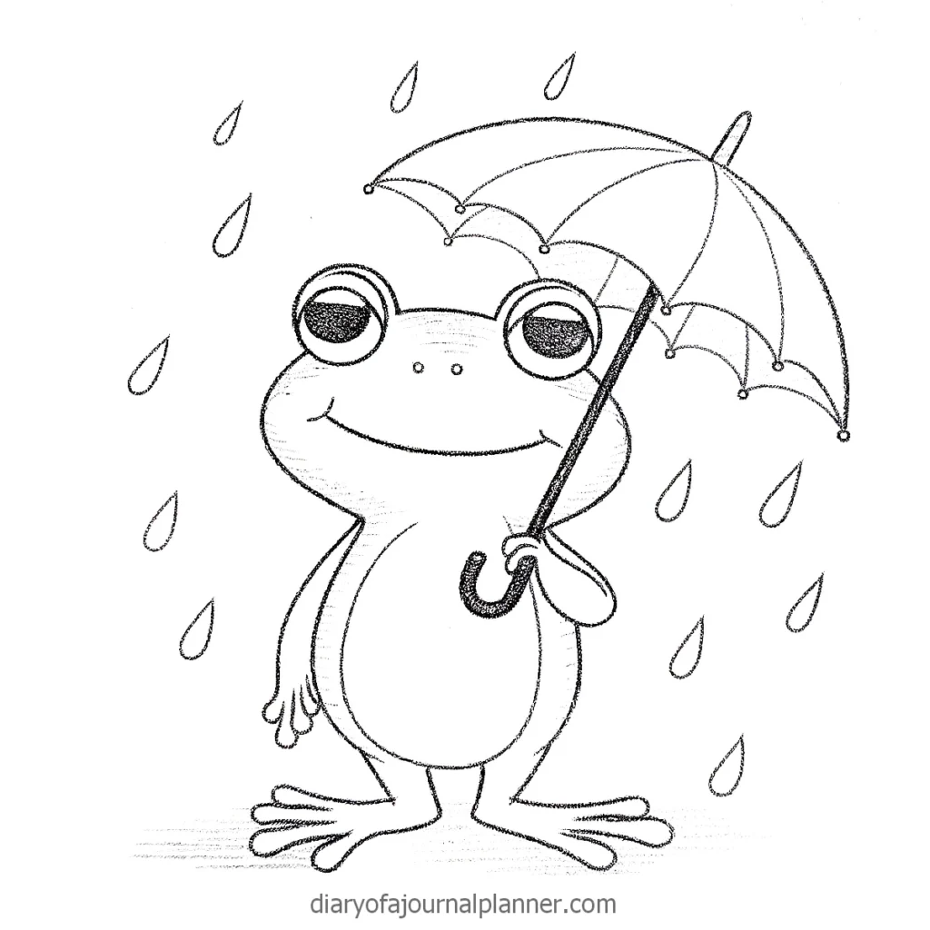 Cartoon frog smiling under an umbrella in the rain, black and white illustration.
