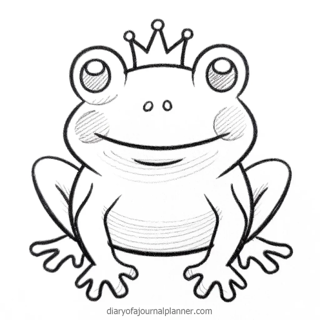 Cartoon frog with a crown, smiling; black and white drawing. Perfect for coloring pages or whimsical designs.