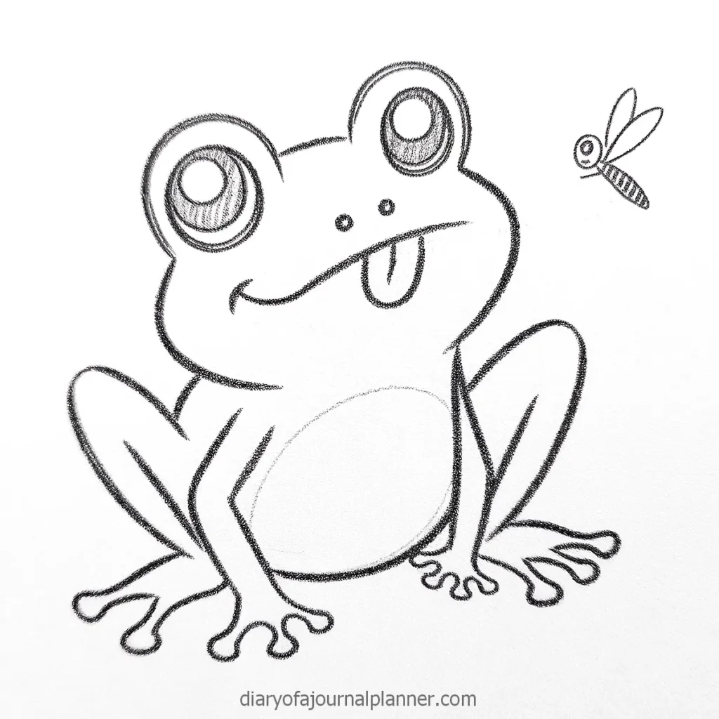 Cute cartoon frog with oversized eyes and tongue sticking out, accompanied by a small, buzzing fly drawing.