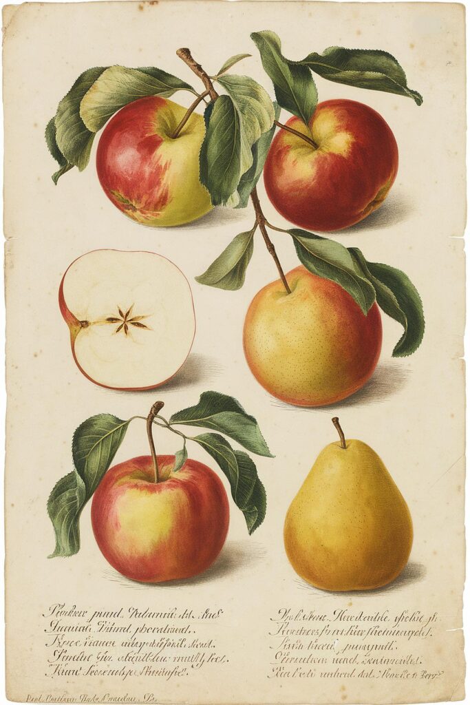 Vintage botanical illustration showing apples and pear with detailed leaves.