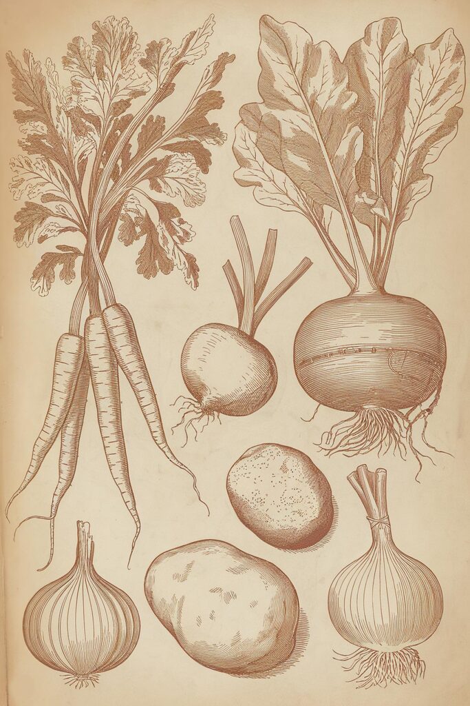 Vintage botanical illustration of various root vegetables: carrots, beets, onions, potatoes on aged parchment background.