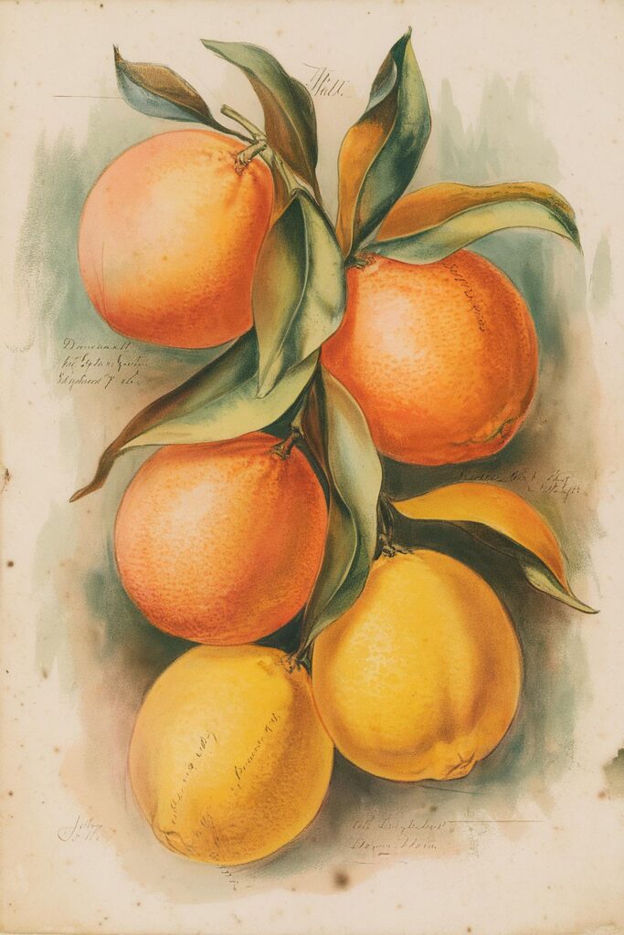 Vintage botanical illustration of oranges with vibrant green leaves.