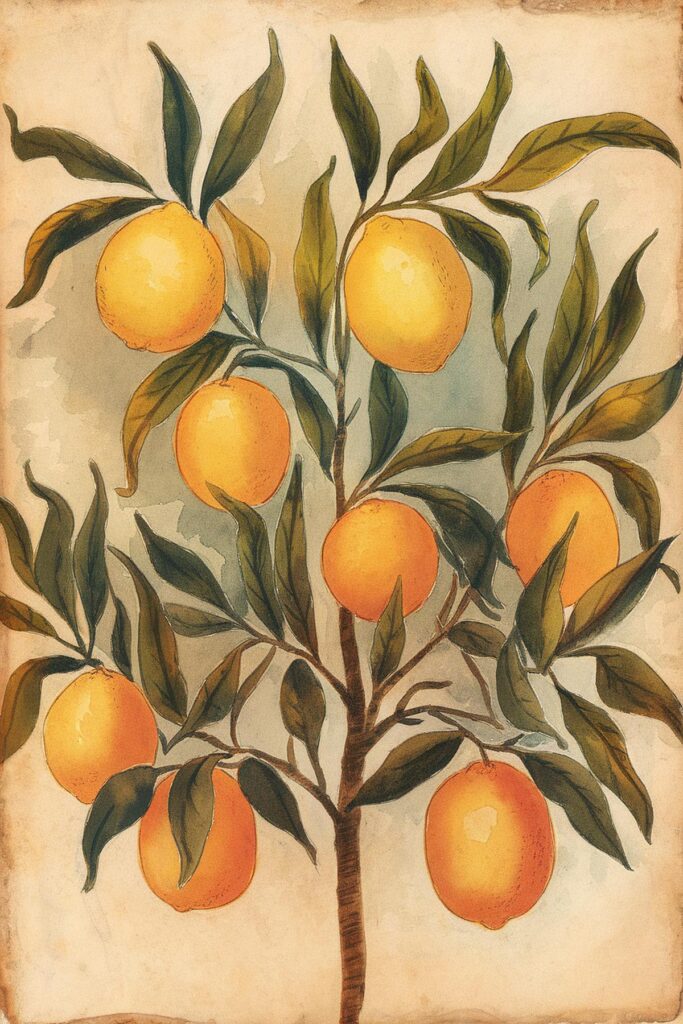 Illustration of a lemon tree with ripe yellow lemons and green leaves, vintage botanical art style.
