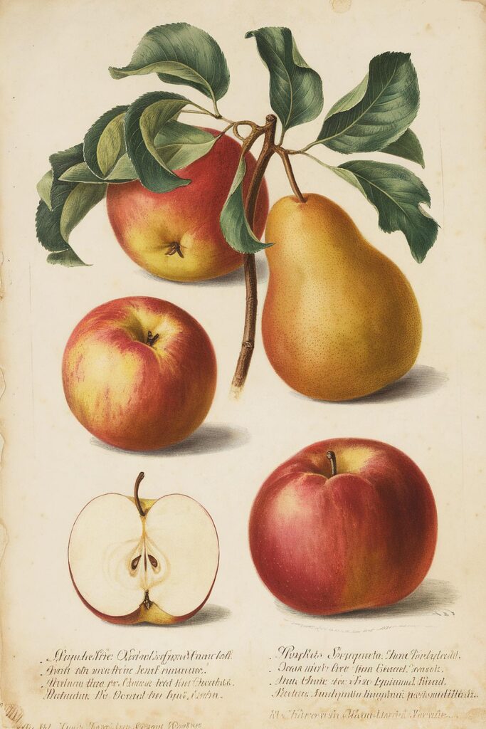 Vintage botanical illustration of apples and pears on branch with green leaves.