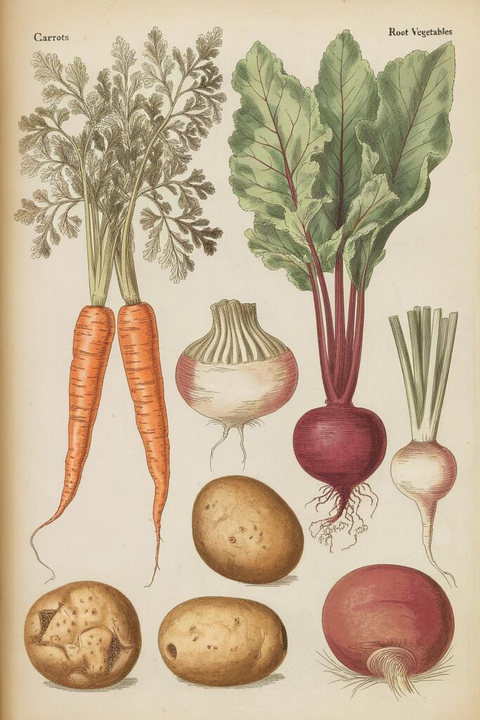 Illustration of root vegetables: carrots, beets, turnips, and potatoes with detailed botanical features.