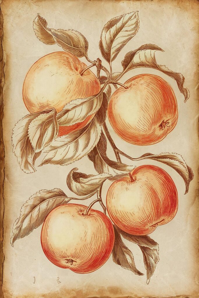 Vintage illustration of apples on a branch with leaves, showcasing intricate botanical artwork.