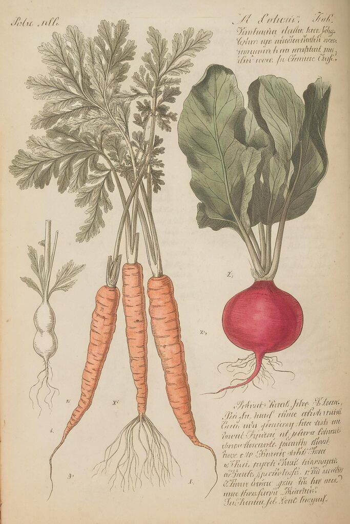 Botanical illustration of root vegetables: carrots, radish, and turnip, with labeled leaves and roots on vintage paper.