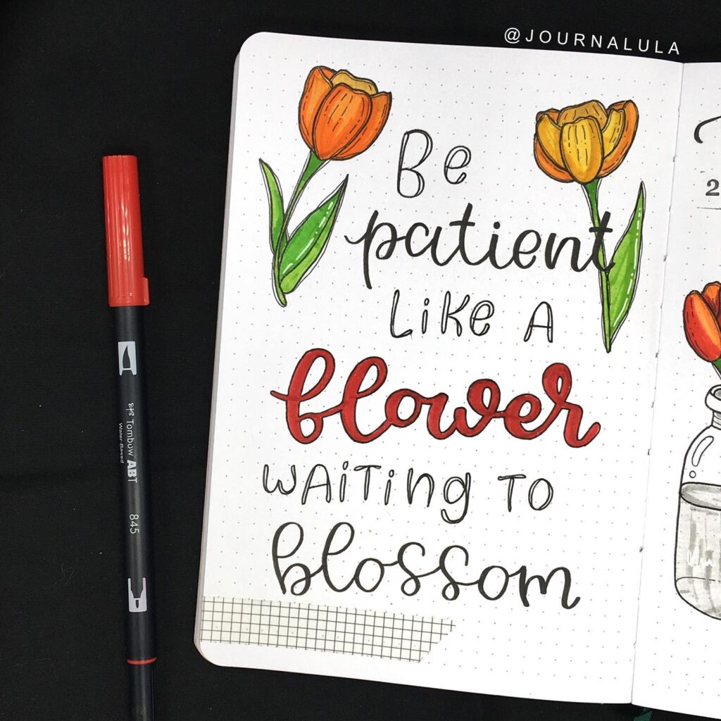 Inspirational quote with hand-drawn tulips: Be patient like a flower waiting to blossom.
