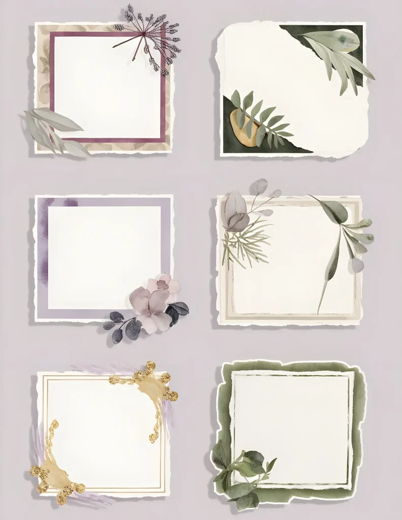 Elegant floral frames with watercolor leaves and flowers, perfect for invitations or artistic projects.