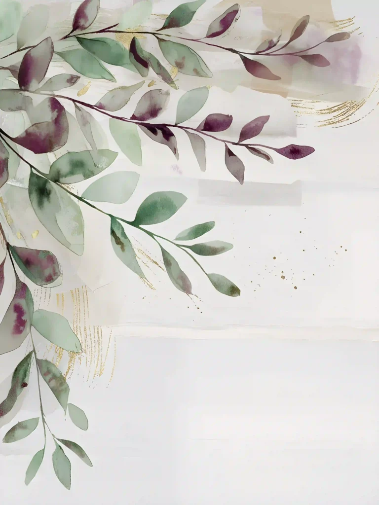 Watercolor leaves with green and purple tones, styled in an elegant and artistic pattern on a soft textured background.