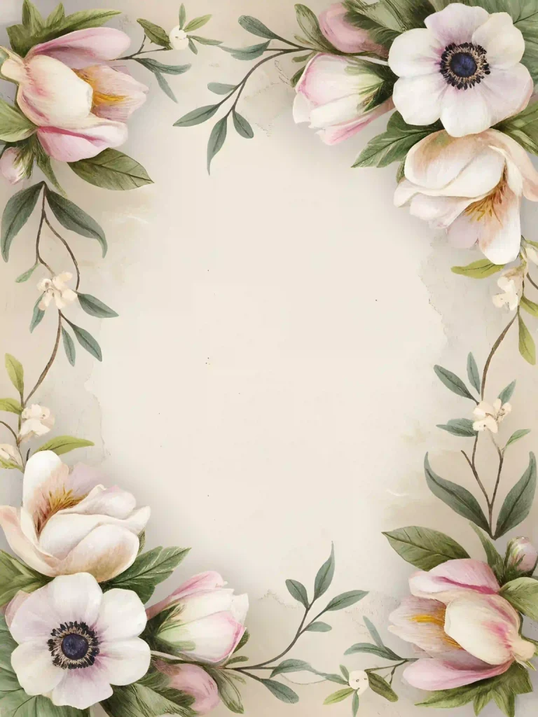 Elegant floral border with soft pink and white flowers and green leaves on a light background.