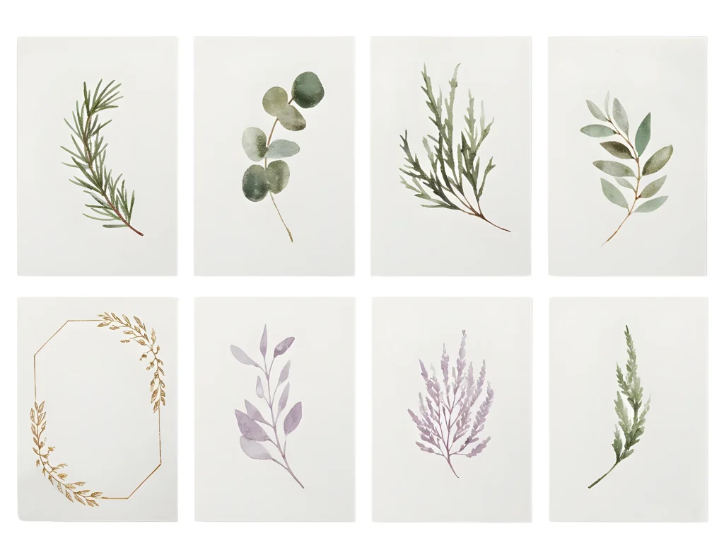 Minimalist botanical prints featuring various herb and foliage designs, perfect for home decor and wall art.