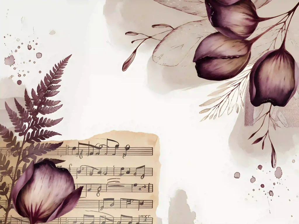 Elegant floral illustration with purple flowers, sheet music, and fern leaves, blending nature and art beautifully.