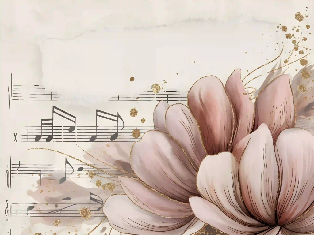 Musical notes and elegant flowers on a vintage background, blending art and music beautifully.