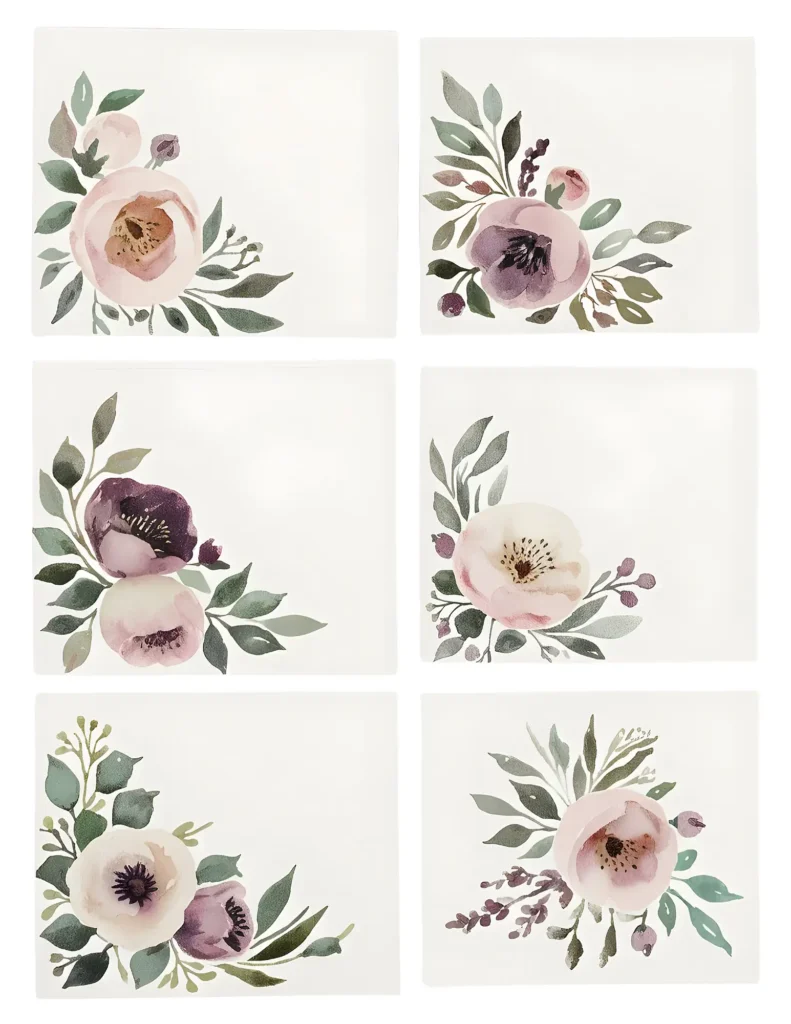Watercolor floral designs with pink and purple flowers, perfect for invitations or greeting cards.
