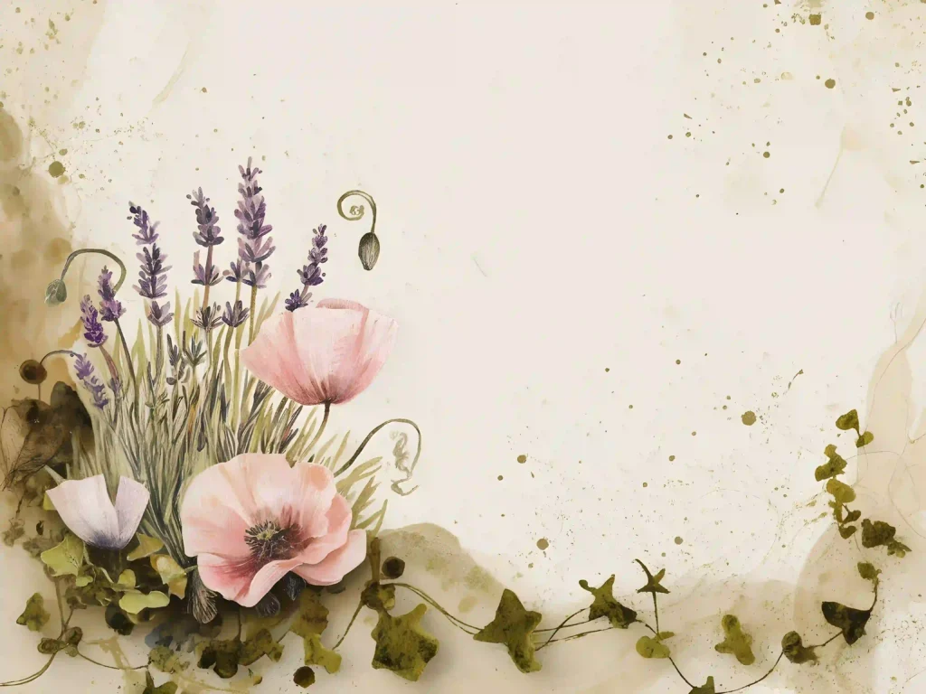 Watercolor illustration of lavender and pink poppies on a textured background with scattered ivy leaves.