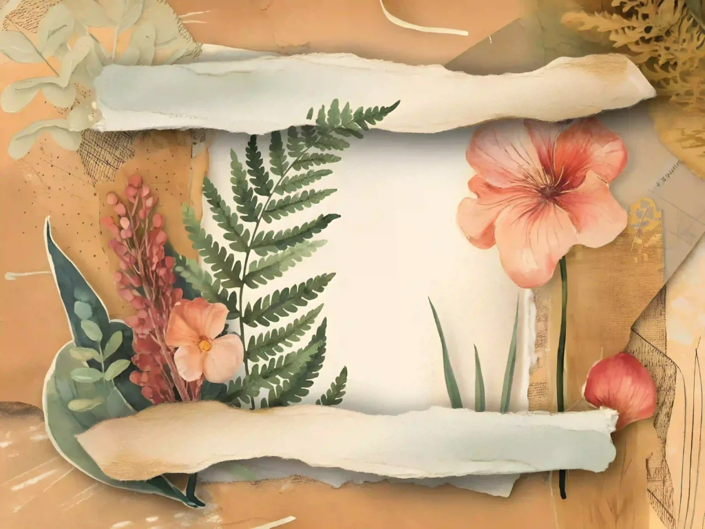 Artistic torn paper collage with pink flowers and green leaves on a beige background.