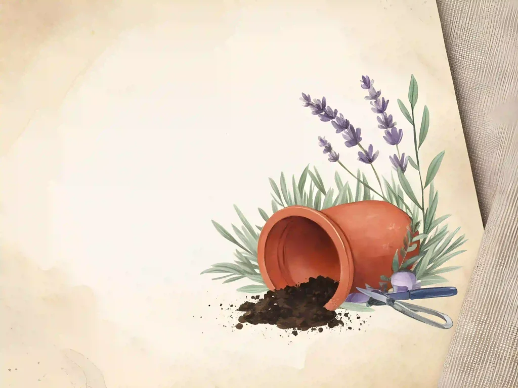 Terracotta pot with soil, lavender flowers, and gardening shears on a rustic background. Gardening concept.