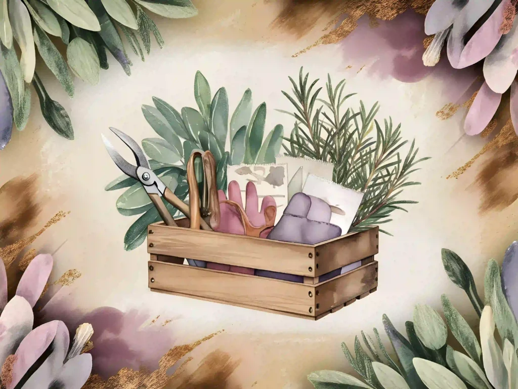 Wooden crate with gardening tools, gloves, and herbs on a floral background. Perfect for garden enthusiasts.