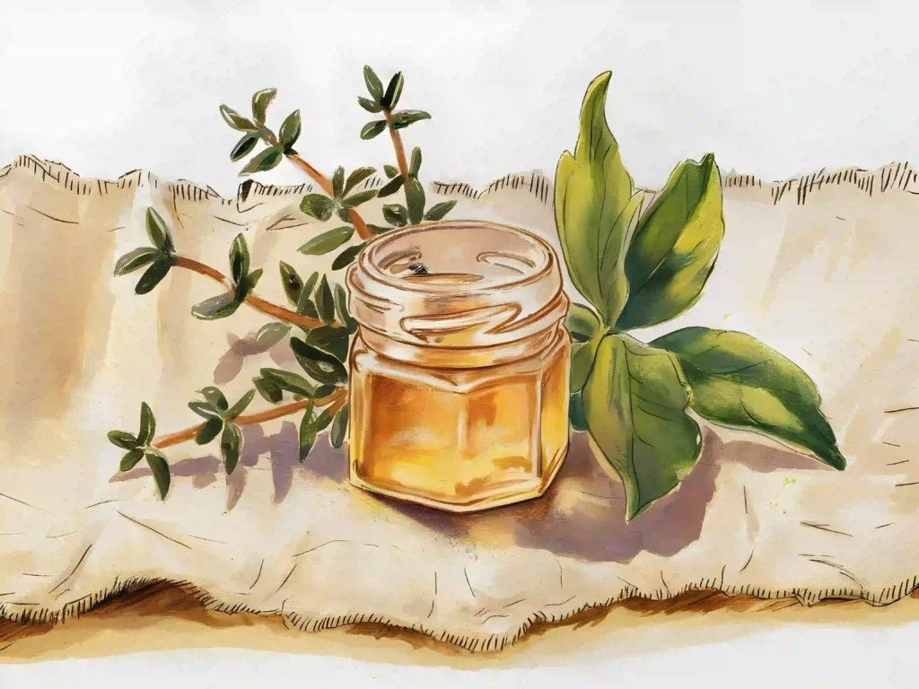 Small honey jar with fresh herbs on rustic fabric background.