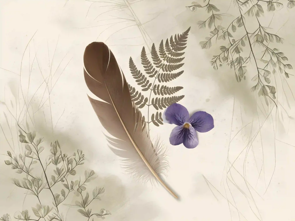 Feather, fern, and purple flower on a light background with delicate botanical illustrations, creating a natural and serene scene.