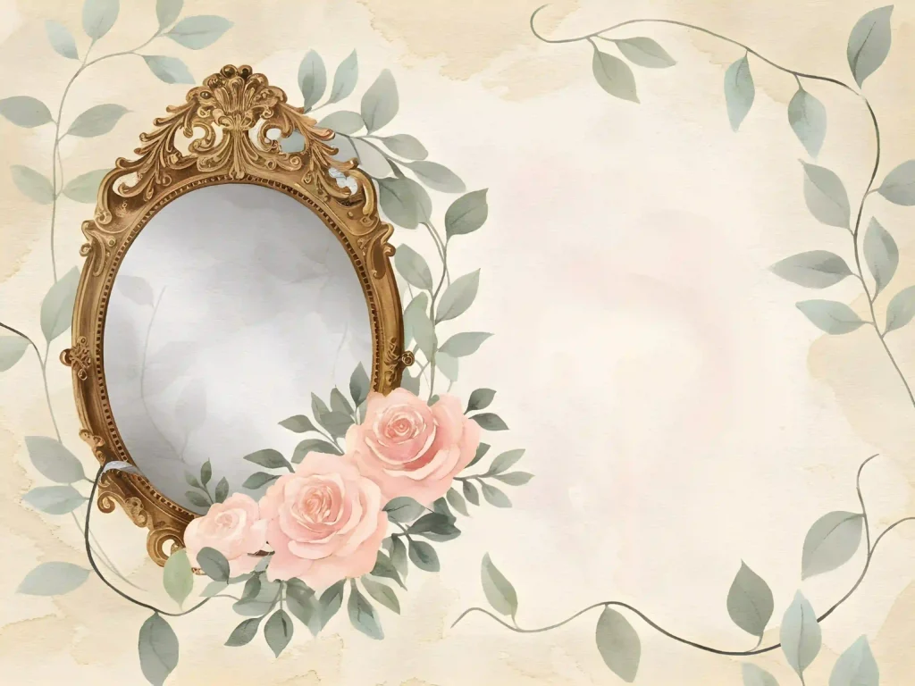 Ornate vintage mirror frame with pink roses and green leaves on a textured background.