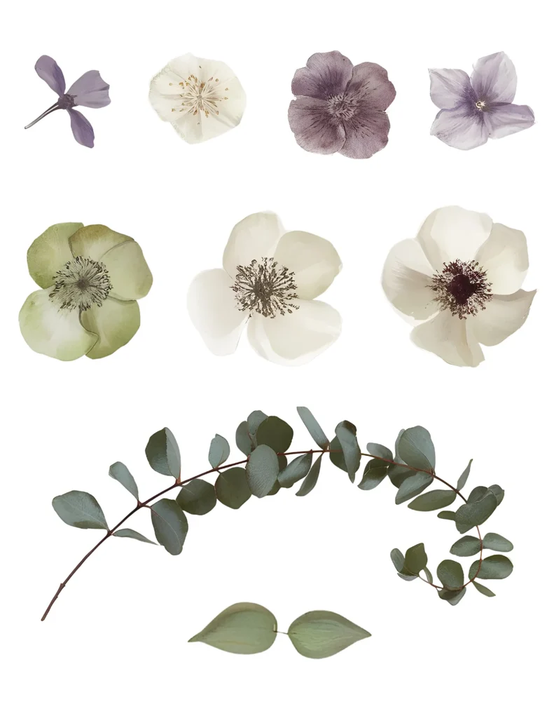 Assorted botanical flowers and eucalyptus leaves on white background for floral design and decoration.