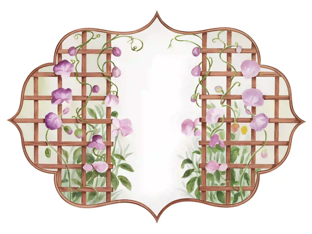 Illustration of purple flowers and vines growing on a trellis with an elegant floral border.