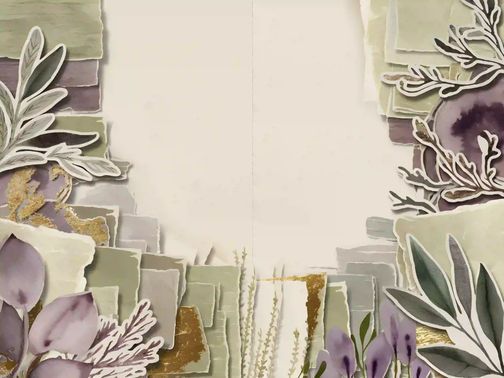 Abstract floral collage with muted green and purple hues, featuring layered leaves and gold accents. Perfect for invitations.