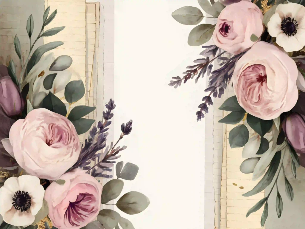 Elegant floral arrangement with pink and white roses, lavender, and greenery framing vintage paper sheets.