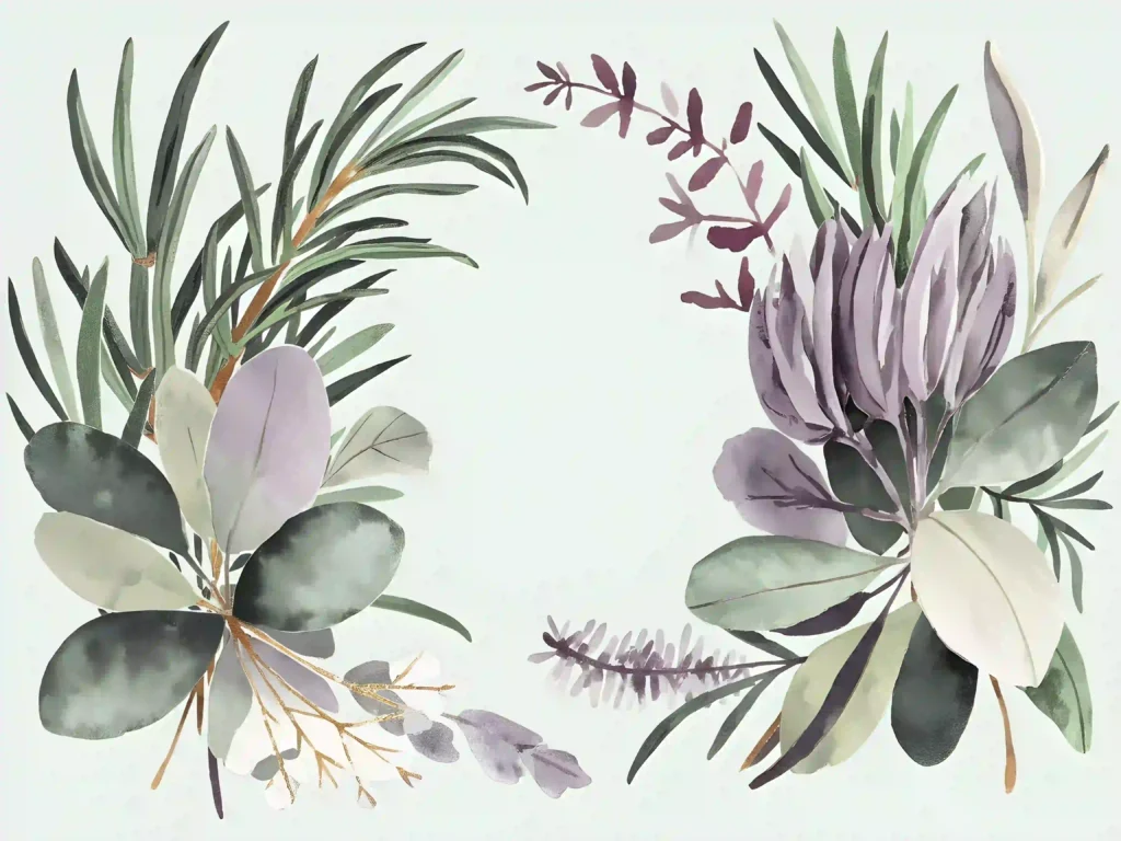Watercolor botanical illustration with green and purple leaves, featuring lush foliage and floral elements.