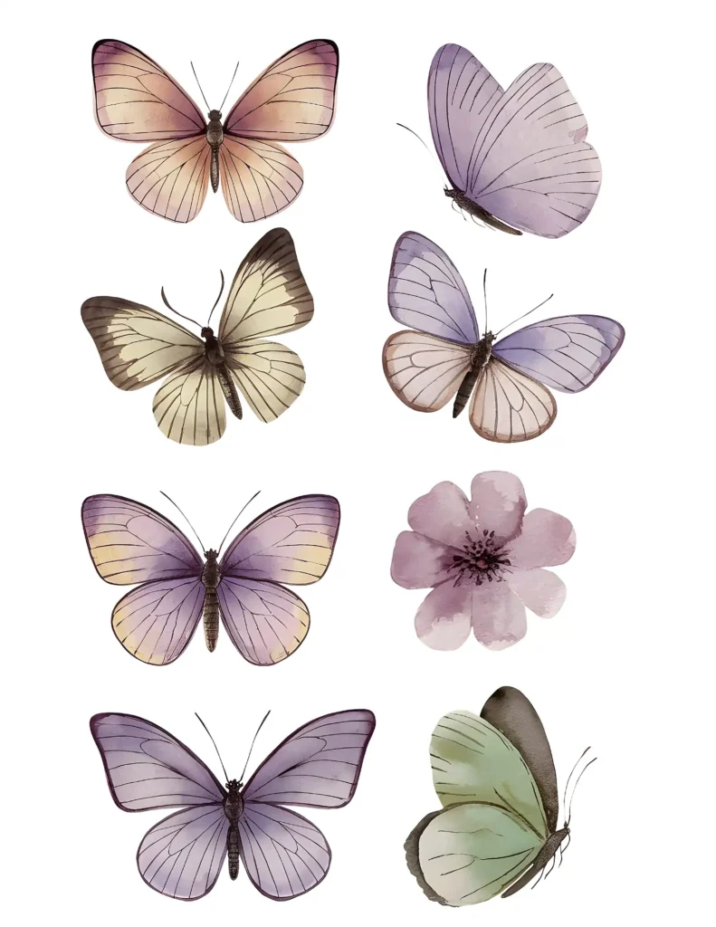 Watercolor butterflies and pink flower illustration showcasing delicate pastel hues and intricate wing patterns.