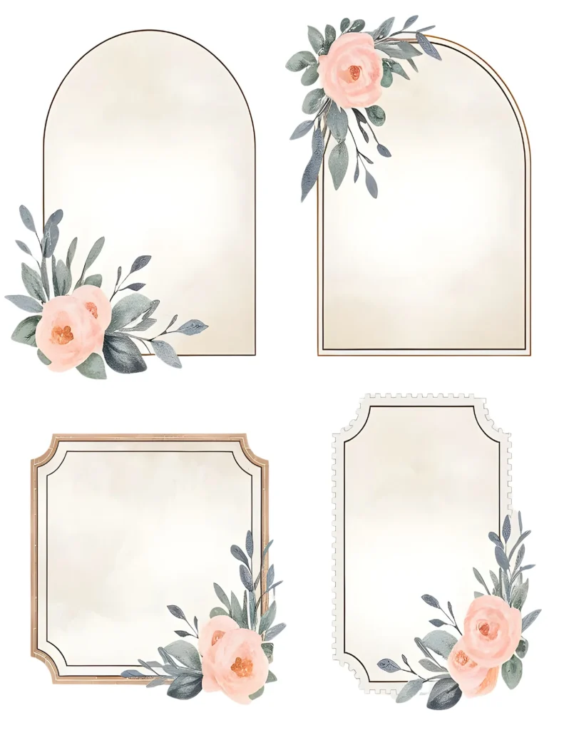 Elegant floral frames with pink roses and green leaves, perfect for invitations or stationery design.