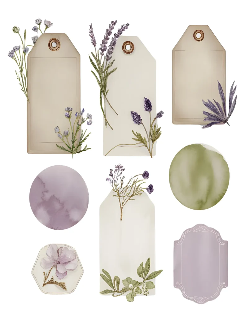 Elegant vintage tags with watercolor lavender and floral designs, perfect for gift wrapping and crafting projects.