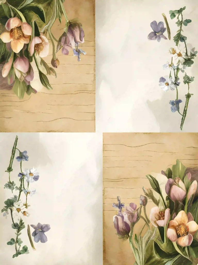 Vintage floral illustration with pastel flowers and green leaves on a textured, wooden-style background.