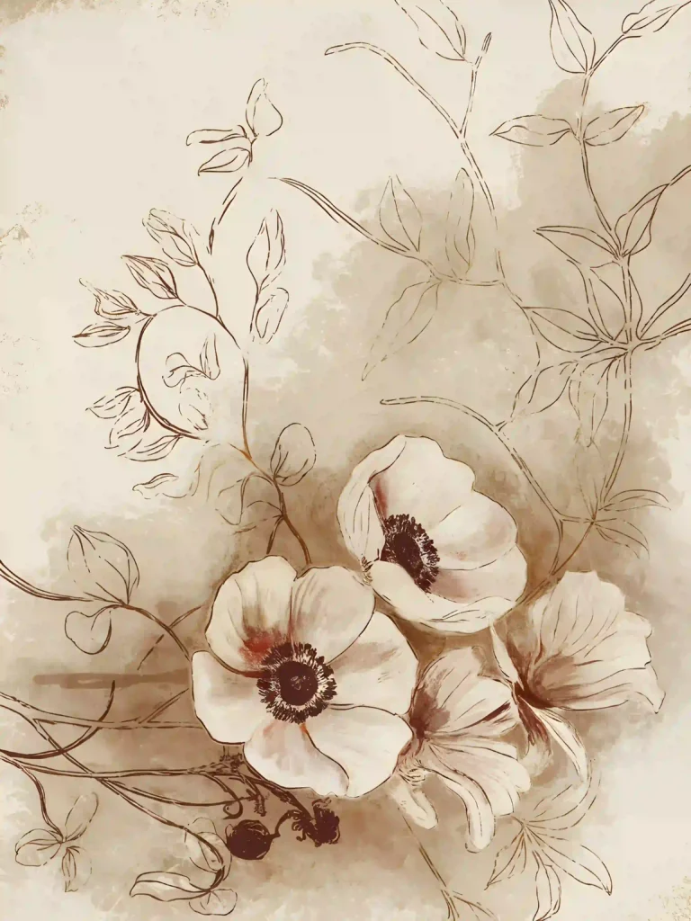 Vintage floral sketch with delicate flowers and leaves in soft sepia tones, creating an elegant, artistic design.