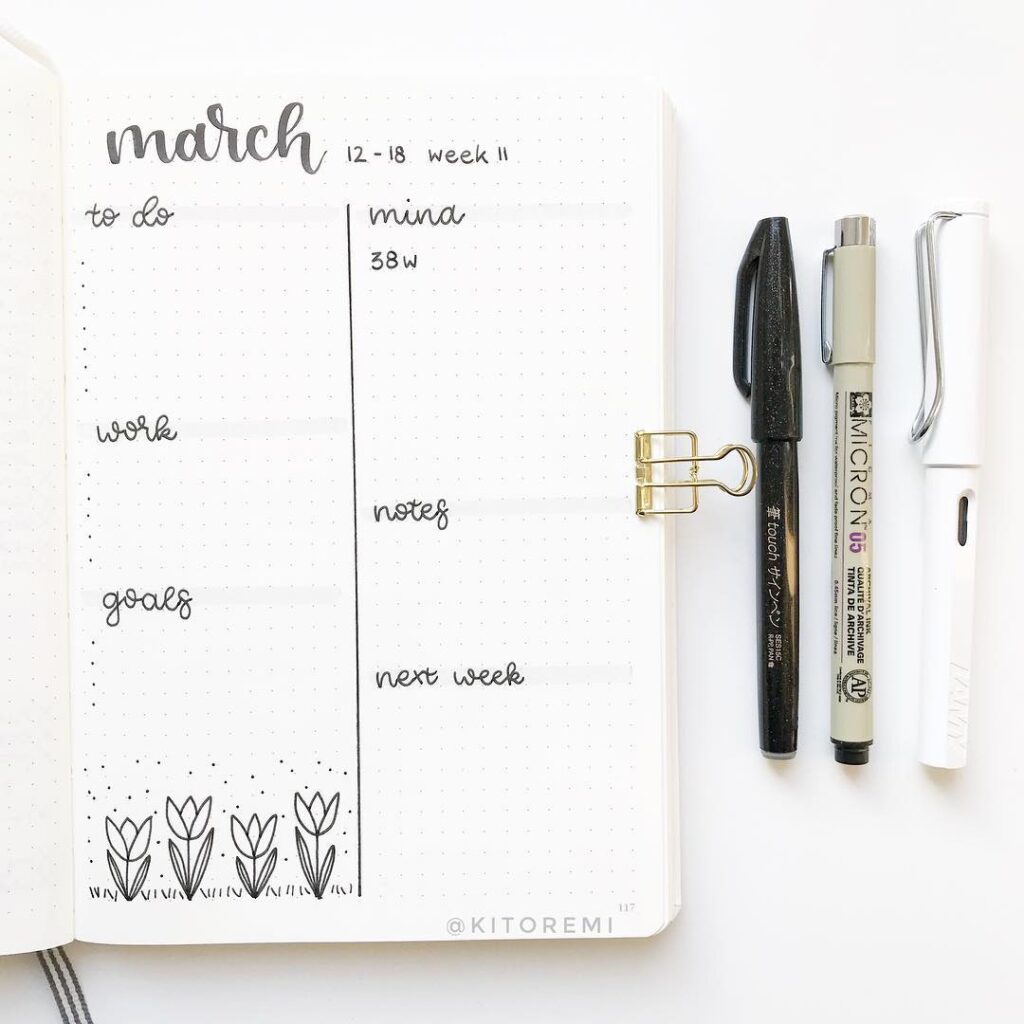 Minimalist bullet journal layout for March with pens, featuring to-do, work, goals, and notes sections.