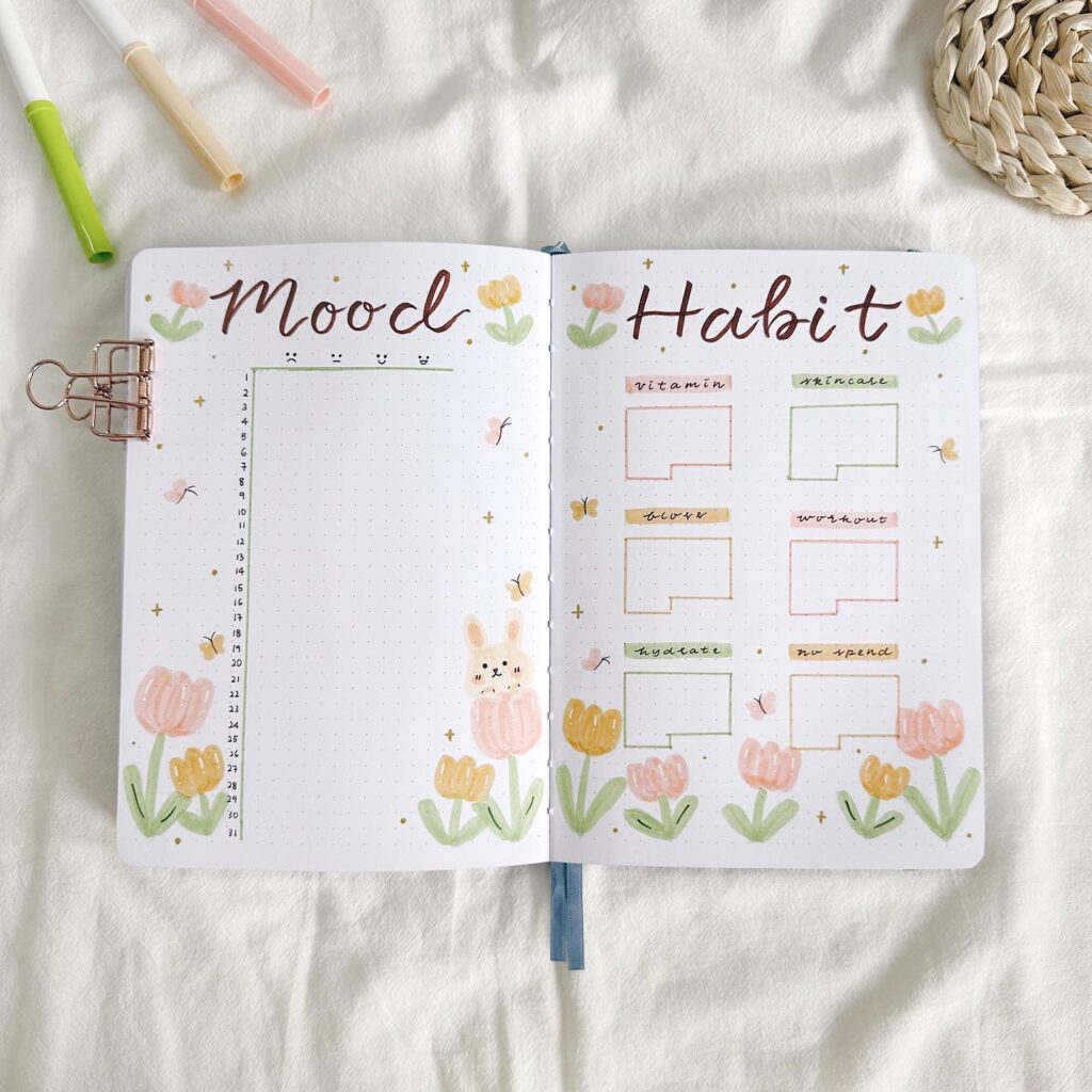Cute mood and habit tracker journal pages with floral and bunny illustrations, ideal for planning and organization.