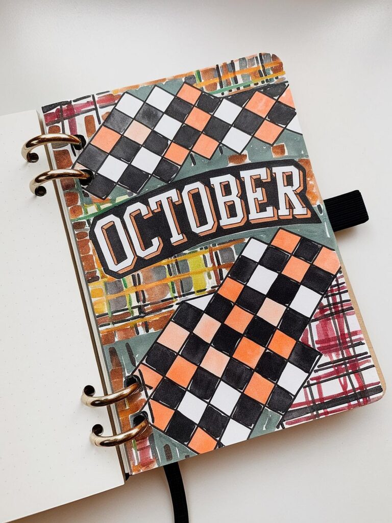 Decorative October-themed planner page with checkered and plaid patterns.