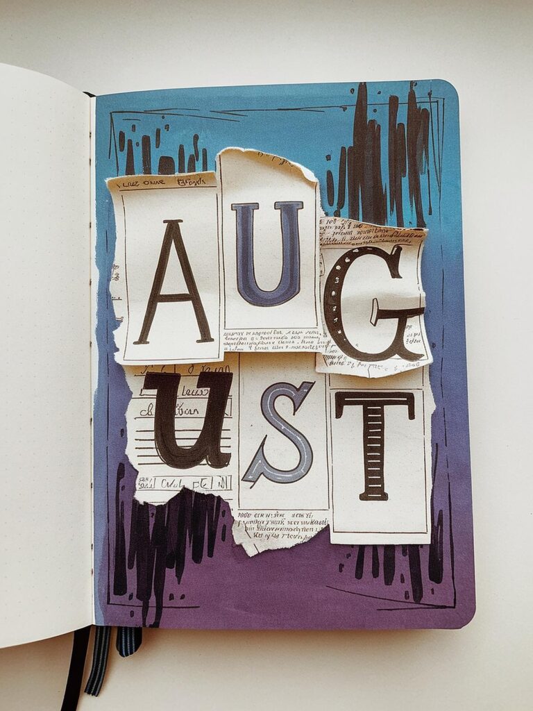 Bullet journal page with torn paper collage spelling August on a blue and purple background.