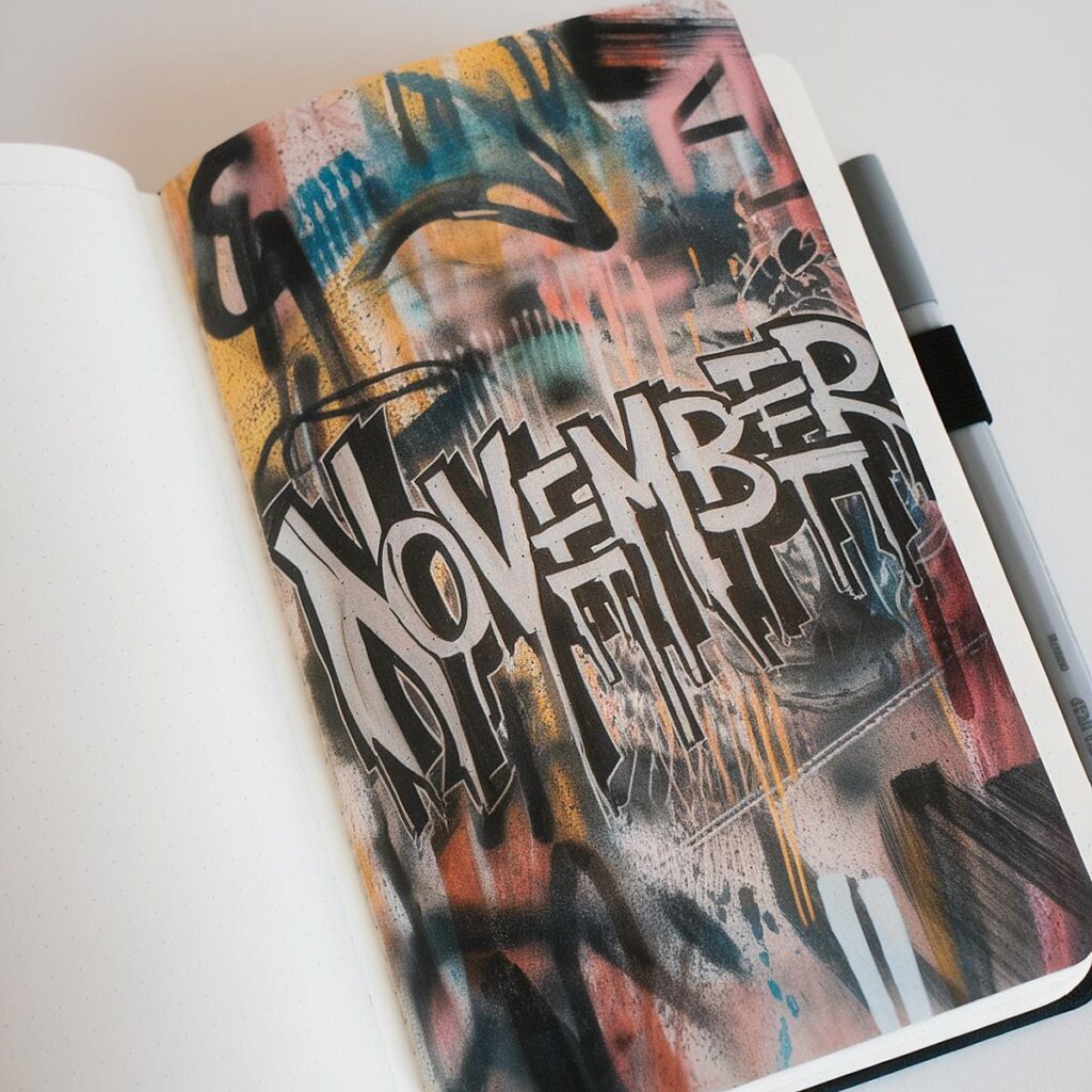 Graffiti-style November art on open journal page with colorful abstract background.